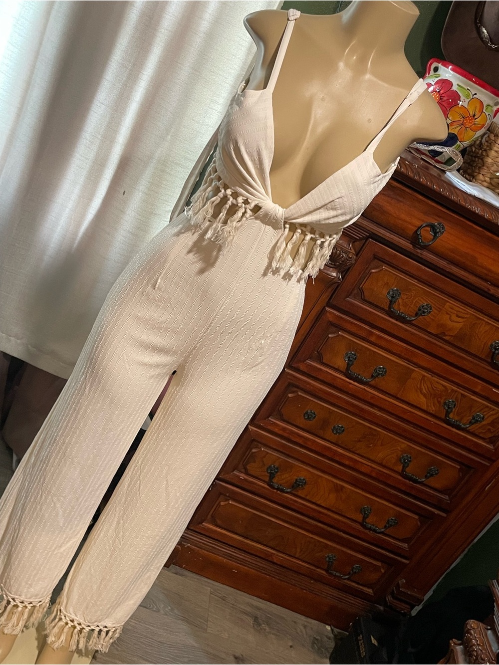 Boho Tassel Wide-Leg Jumpsuit in Cream - Picture 2 of 4